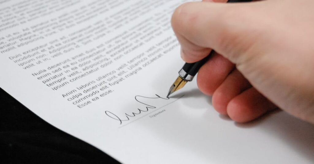 Will vs Trust. Close-up of a hand signing a legal document with a fountain pen, symbolizing signature and agreement.